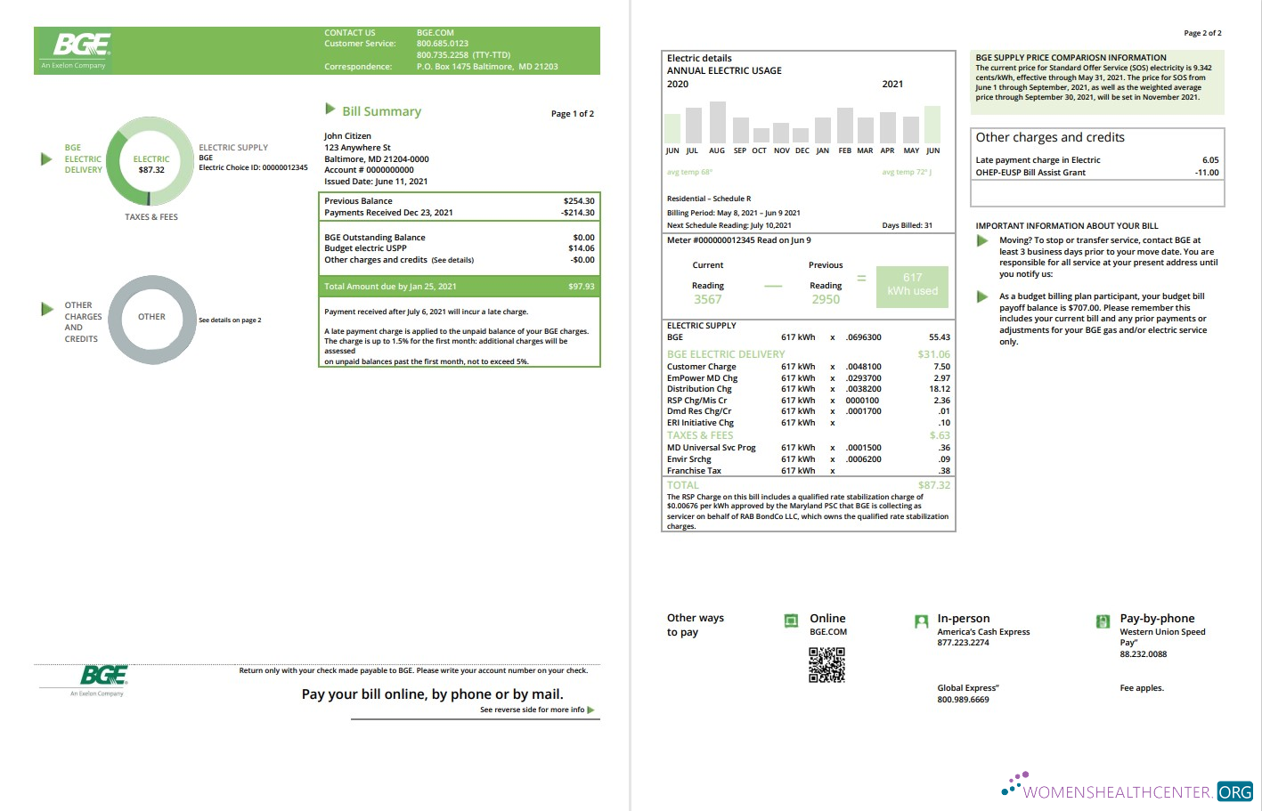 USA Maryland Baltimore Gas and Electric (BGE) utility bill template in Word and PDF format (2 pages)